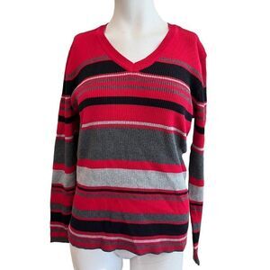 KAREN SCOTT Ladies Medium Red Striped V Neck Sweater Pullover Ribbed NWT